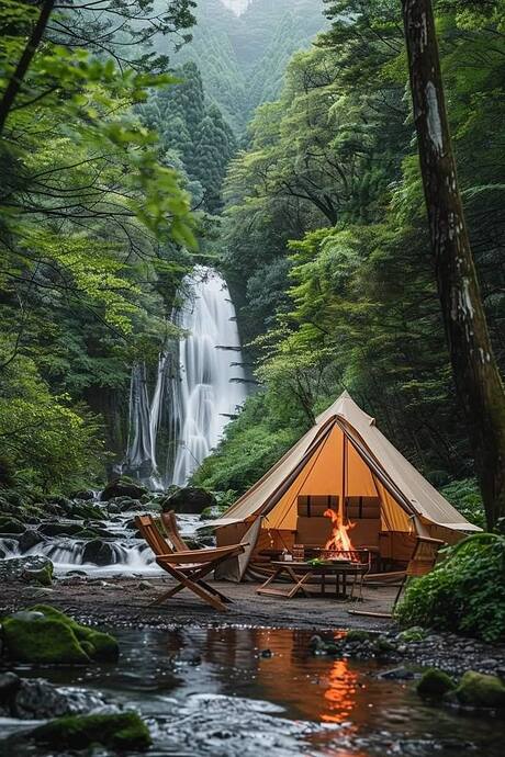 camping by waterfall