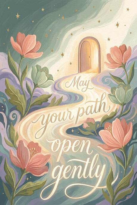 Hopeful Path Wish Quote Card with Open Door, Flowers, Golden Light and Healing Art