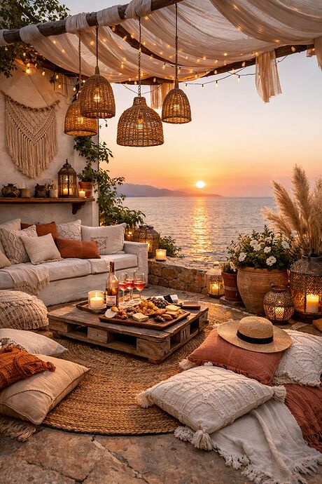 Golden hour, soft lights, and slow moments by the sea ✨ Where boho dreams meet sunset serenity 🌅