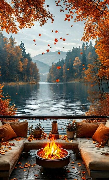 fireplace by lake in autumn
