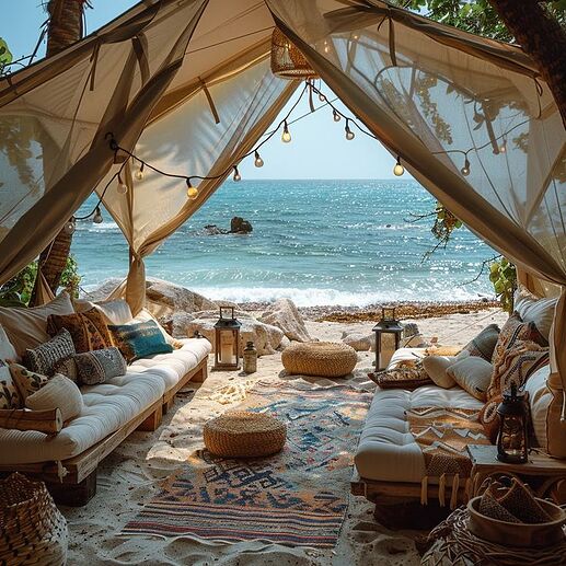 Boho-Strandzelt mit Meerblick – ein Sommertraum unter Palmen