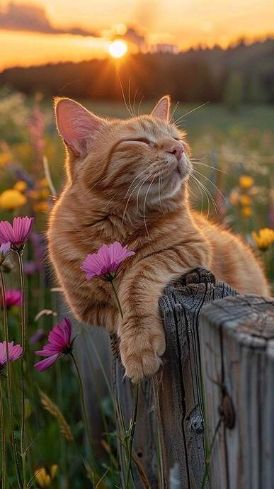 Orange Tabby Cat Sunset Print - Cottagecore Floral Meadow (Digital Download)